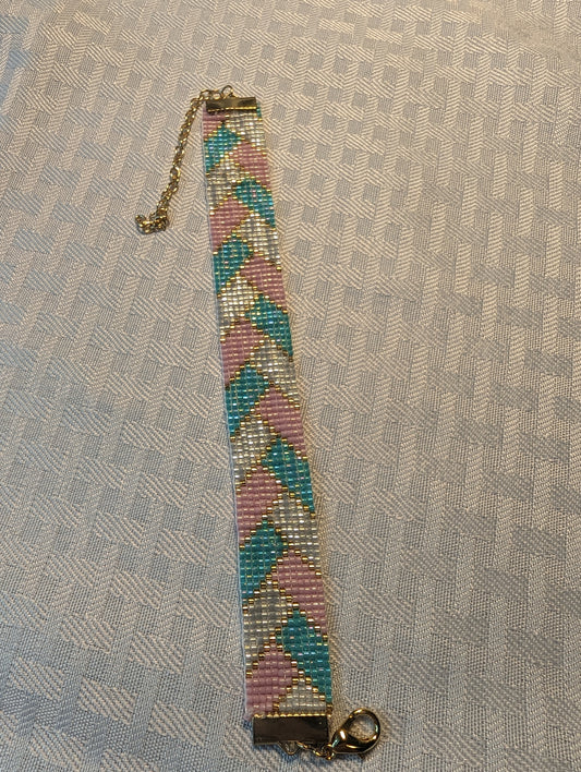 Pink and Teal Herringbone Ribbon Bracelet