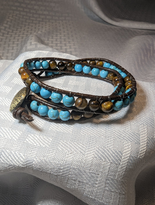 Turquoise and Tigers Eye Leather Wrap bracelet