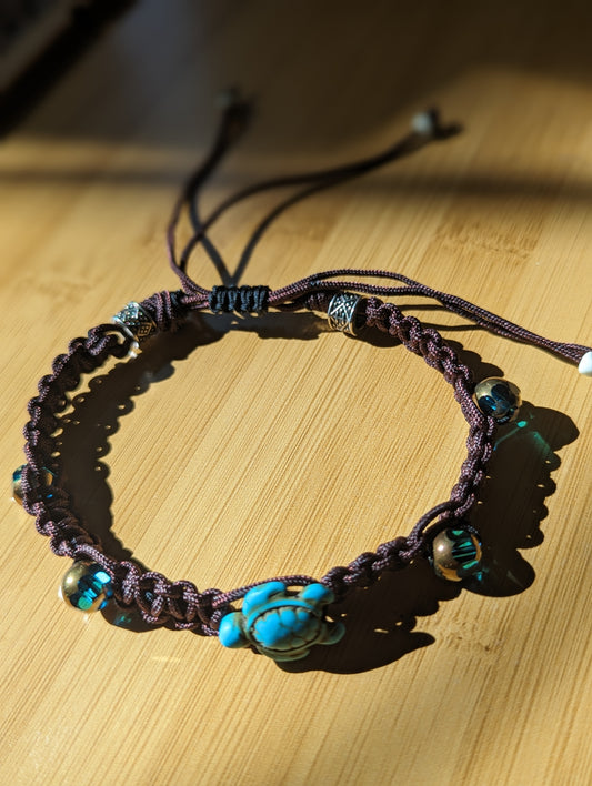 Dark brown macrame and turtle bracelet