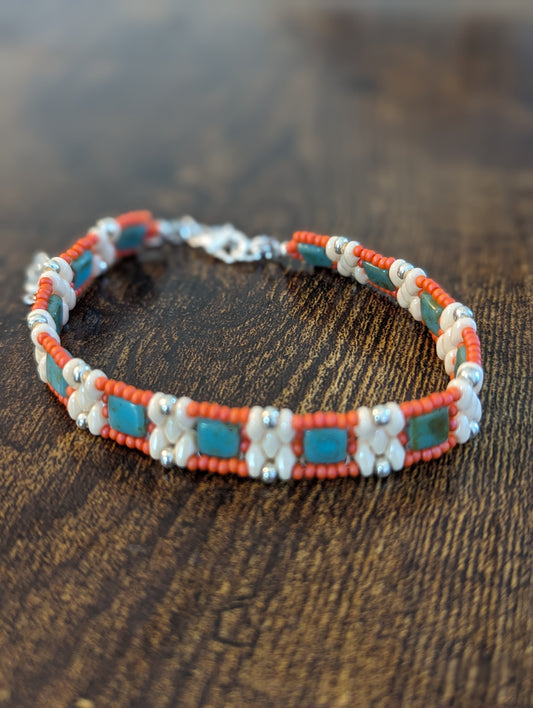 Coral, turquoise and off-white bracelet